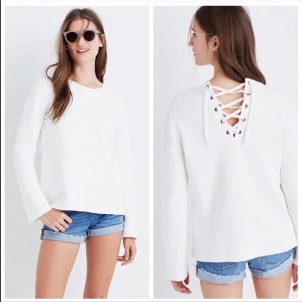 Madewell Laced-Back Cotton Crewneck Pullover Sweater White size Small